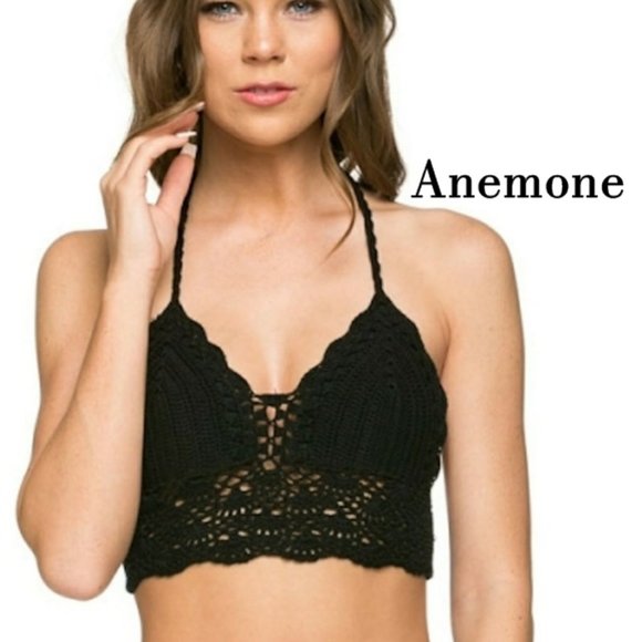 Boho Black Crochet Anemone Black Crop Halter Top. New ~ One Size! - Picture 4 of 7